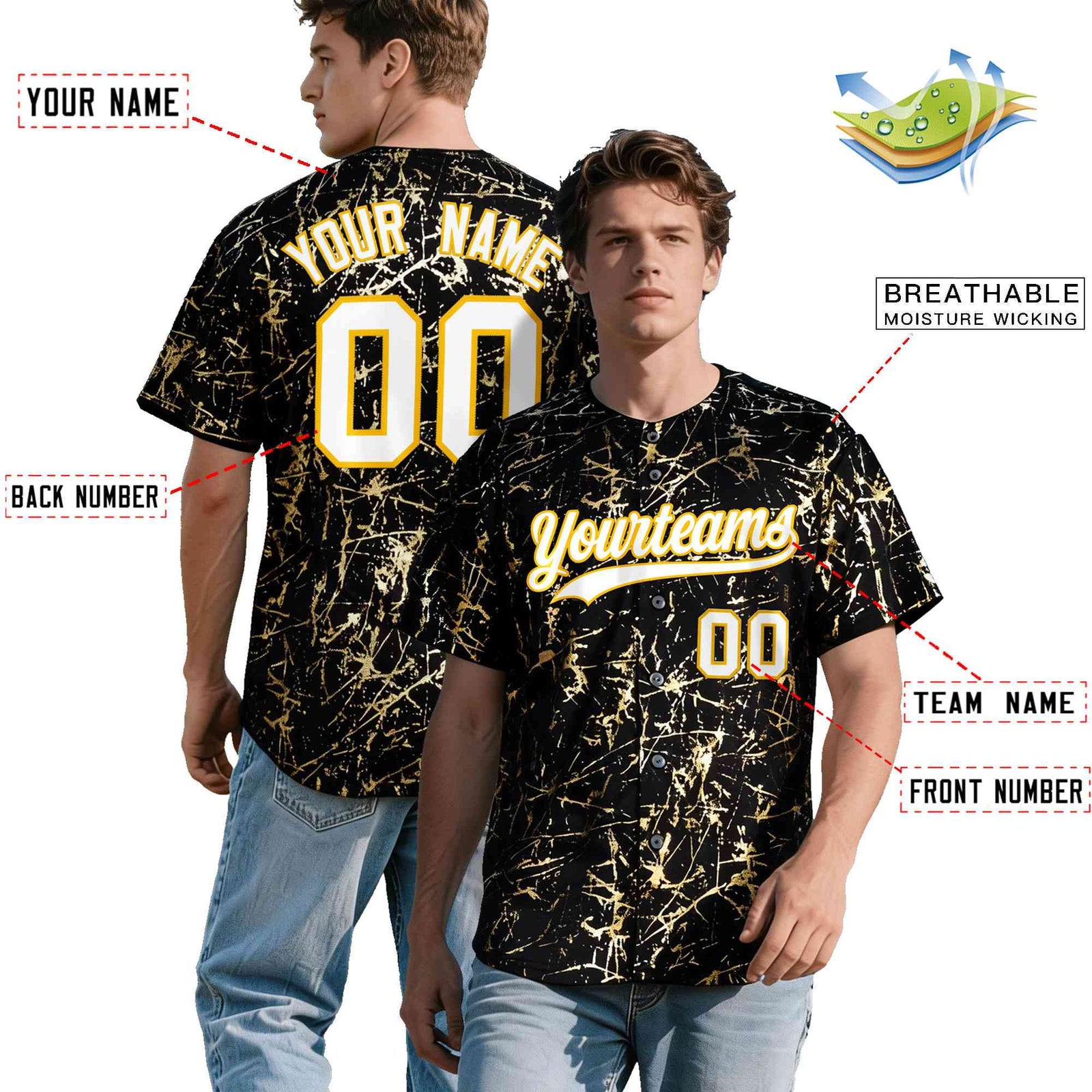 Custom Black White Black&Shiny Gold Cracked Foil Hip Hop Button Down Baseball Jersey