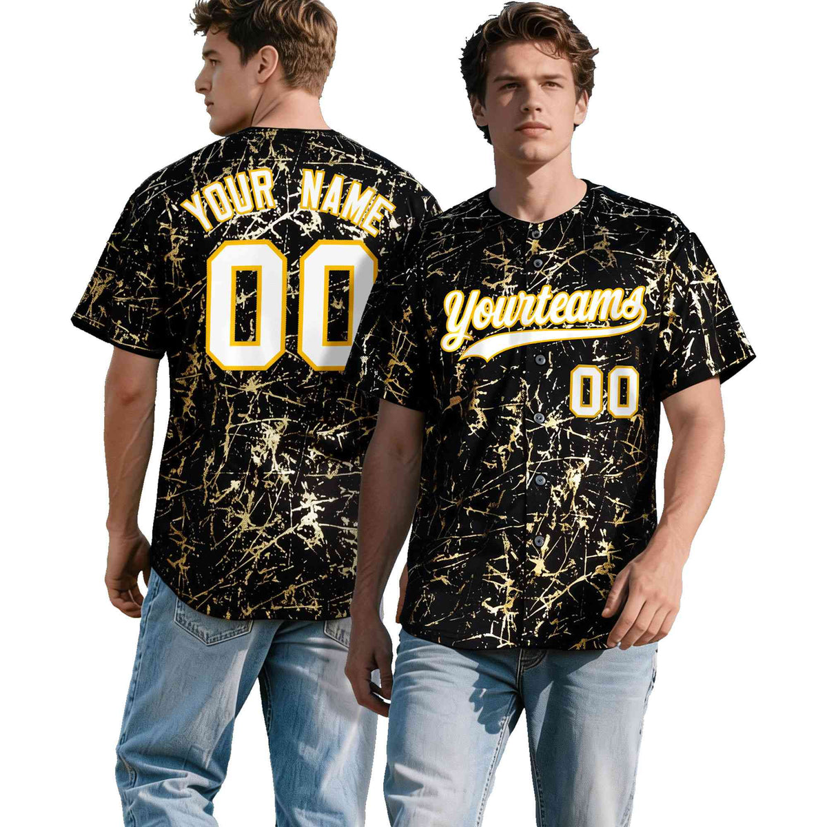 Custom Black White Black&amp;Shiny Gold Cracked Foil Hip Hop Button Down Baseball Jersey
