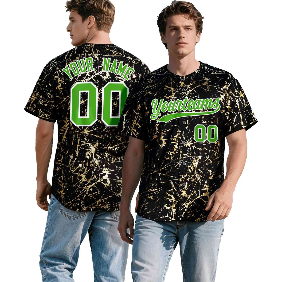 Custom Black Light Green Metallic Gold Splatter Breathable&amp;Wrinkle-Resistant Baseball Jersey