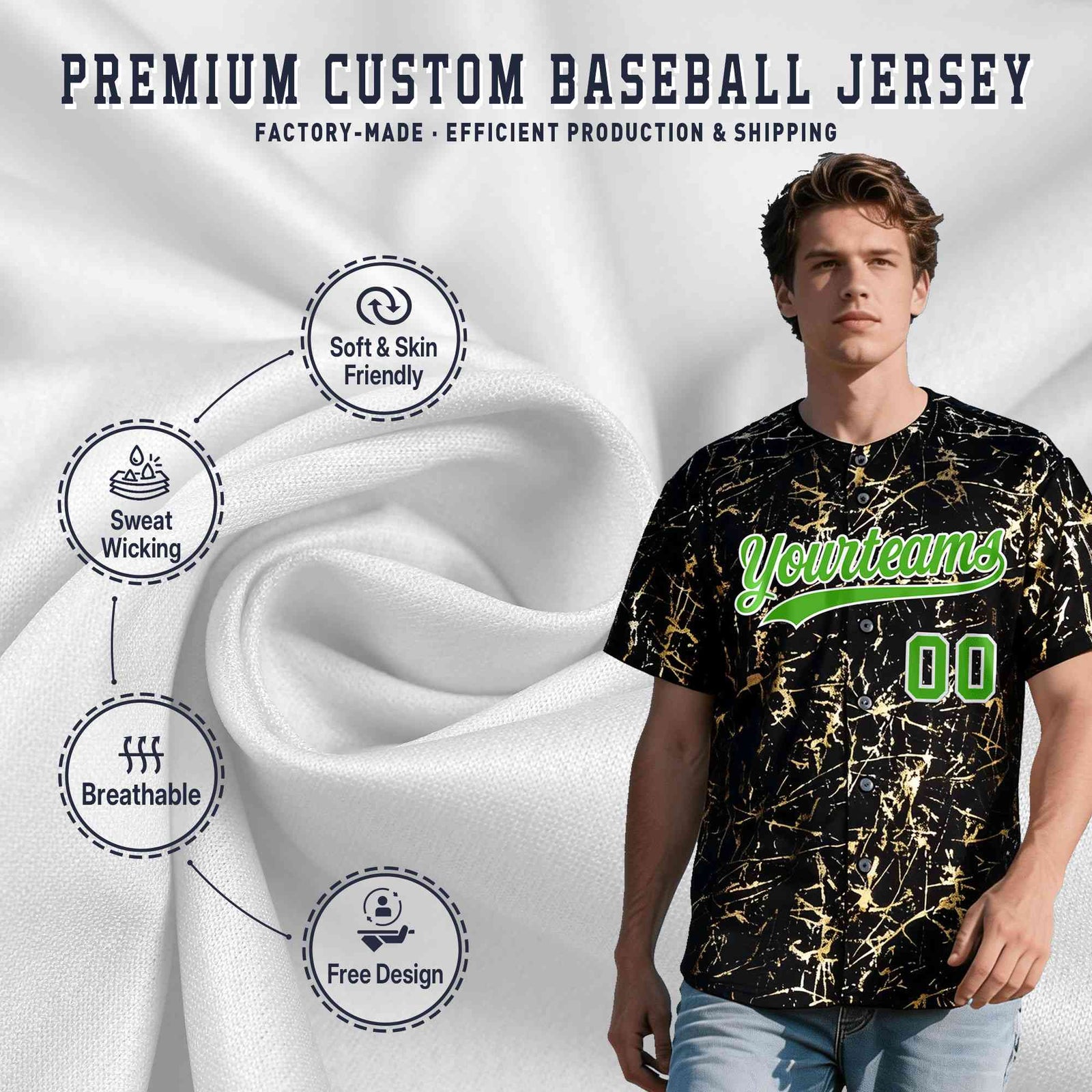 Custom Black Light Green Metallic Gold Splatter Breathable&Wrinkle-Resistant Baseball Jersey