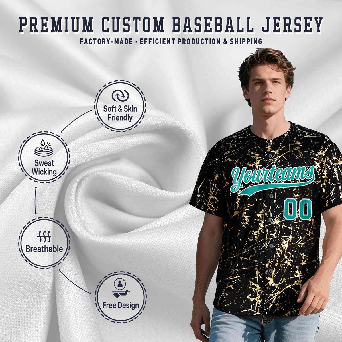 Custom Black Aqua Metallic Gold Splatter Urban Streetwear Baseball Jersey