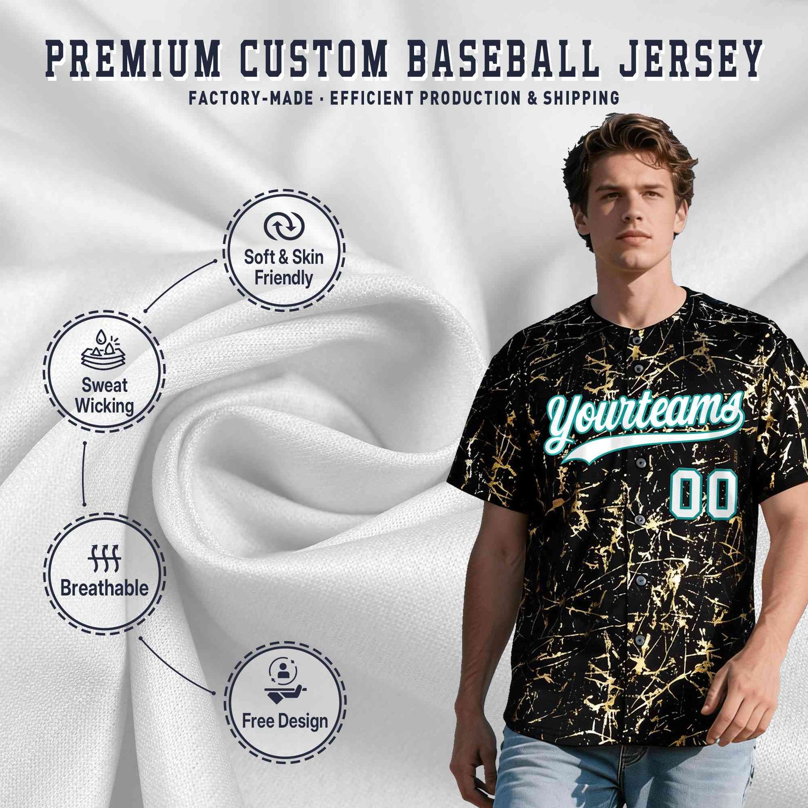 Custom Black White Black&Shiny Gold Cracked Foil Breathable Mesh Streetwear Baseball Jersey