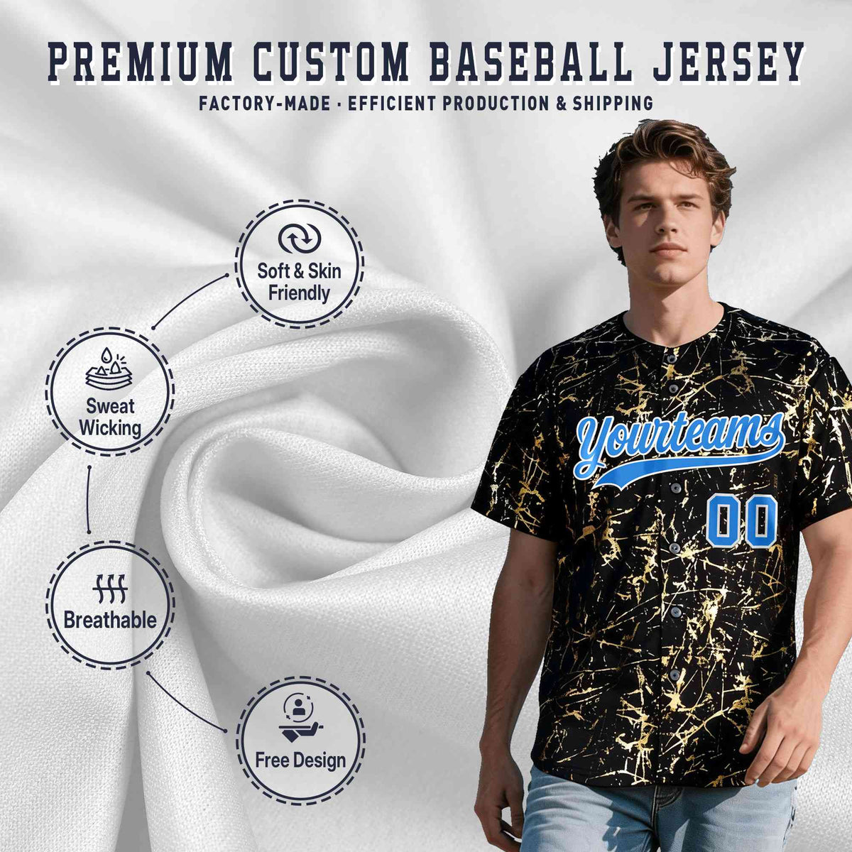 Custom Black Light Blue Shiny Gold Cracked Texture Baseball Jersey