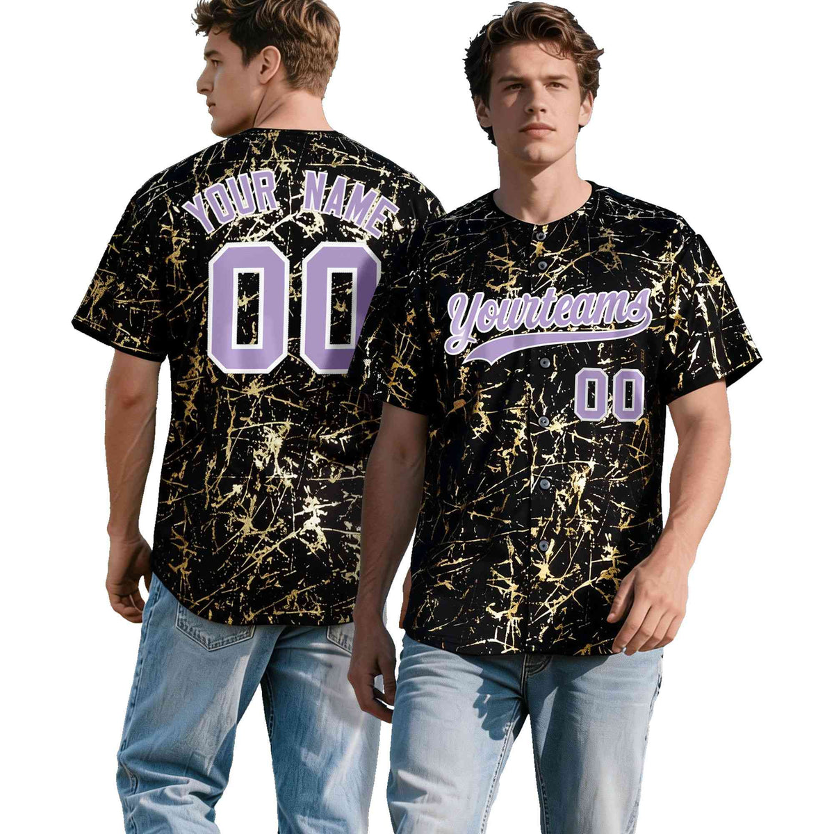 Custom Black Light Purple Metallic Gold Splatter Breathable&amp;Wrinkle-Resistant Baseball Jersey