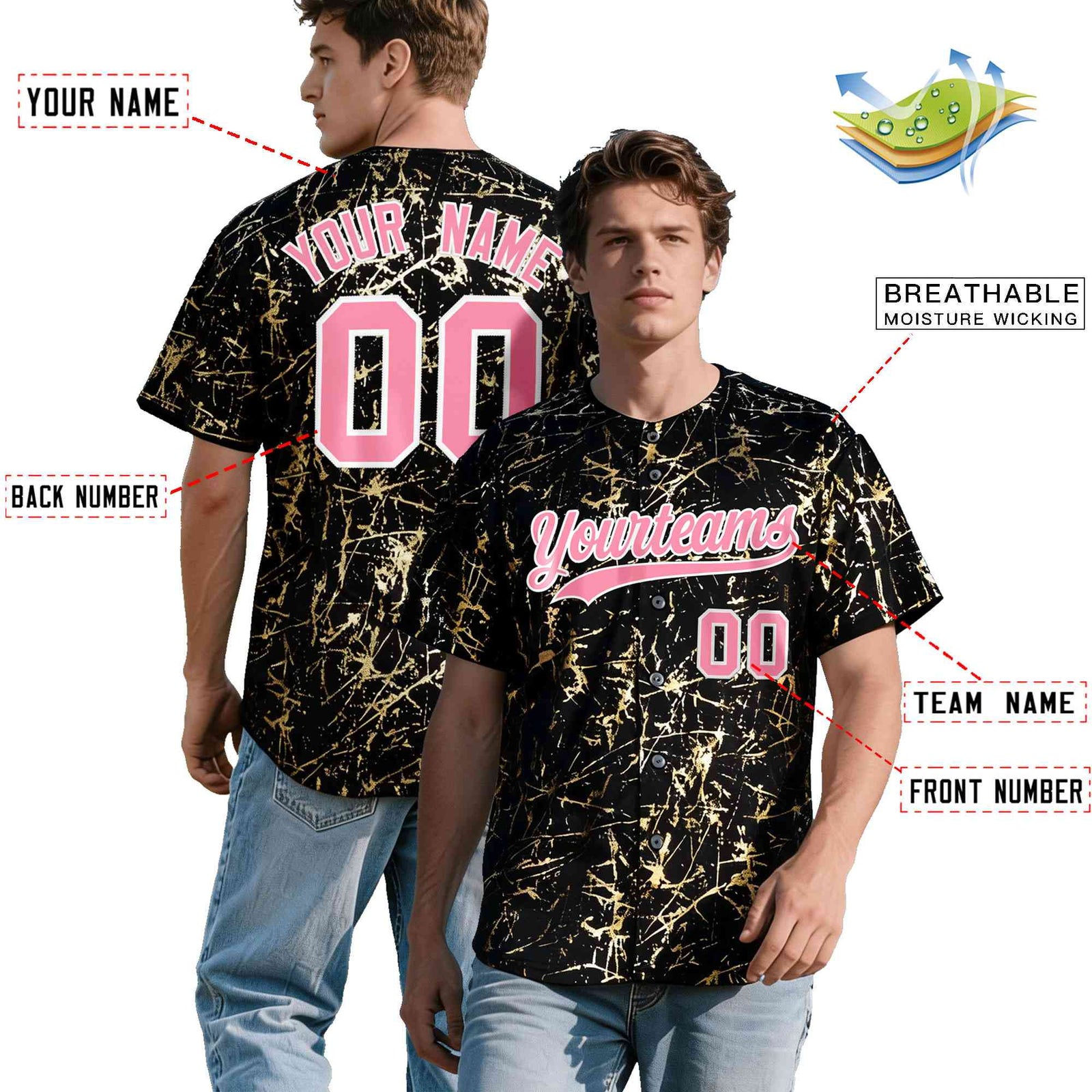 Custom Black Light Pink Metallic Gold Splatter Urban Streetwear Baseball Jersey