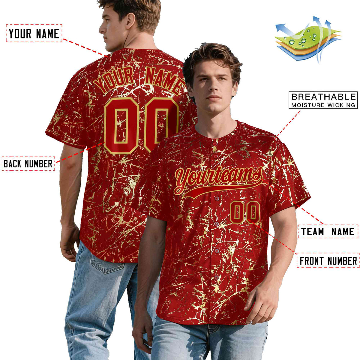 Custom Red Old Gold Metallic Gold Splatter Breathable&amp;Wrinkle-Resistant Baseball Jersey