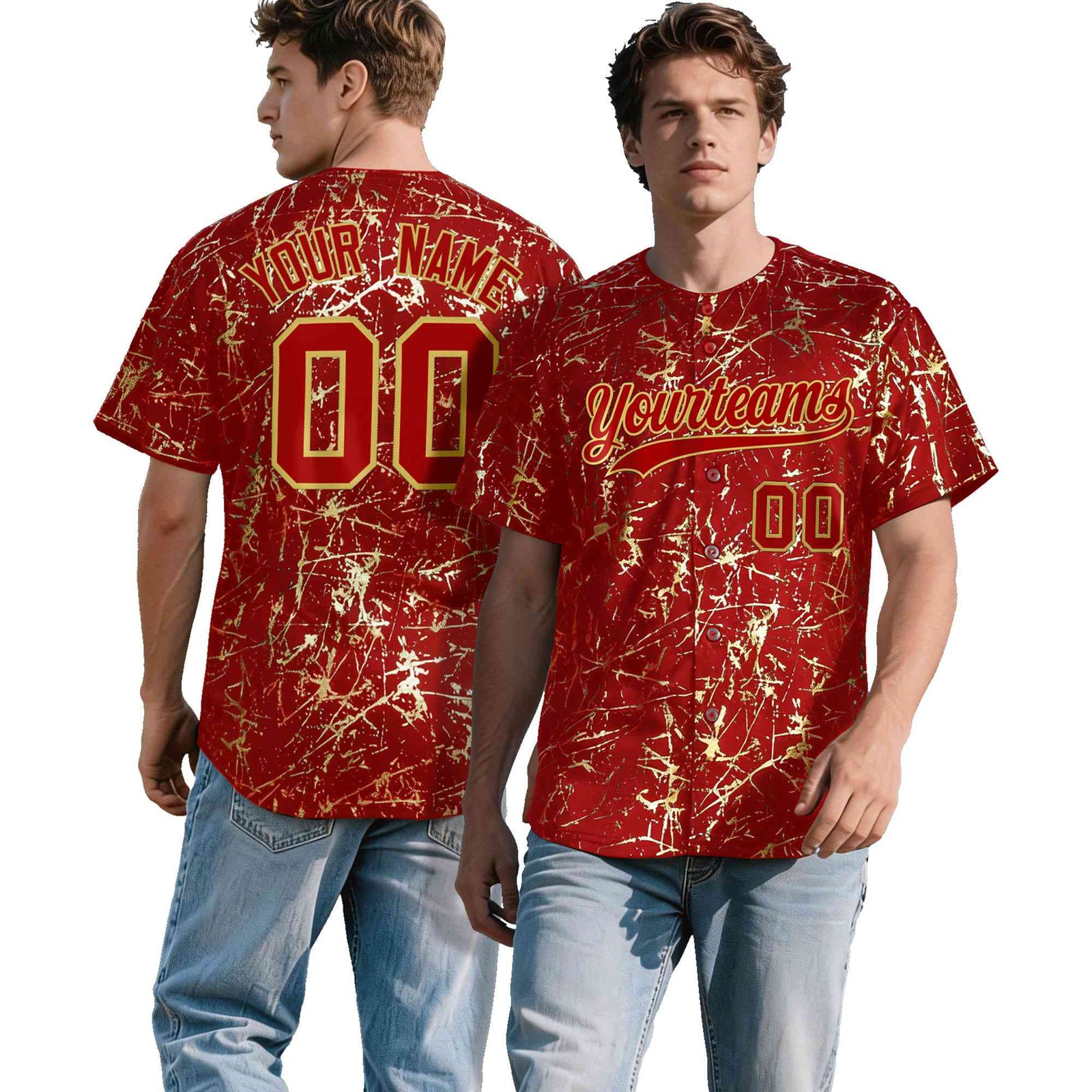Custom Red Old Gold Metallic Gold Splatter Breathable&Wrinkle-Resistant Baseball Jersey