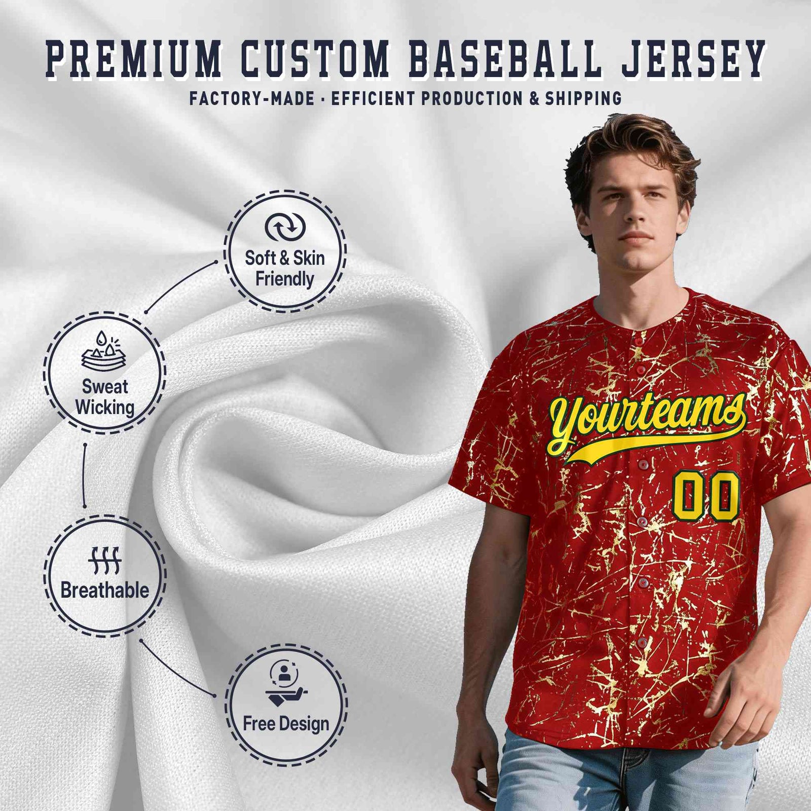 Custom Red Gold Black&Shiny Gold Cracked Foil Breathable Mesh Streetwear Baseball Jersey