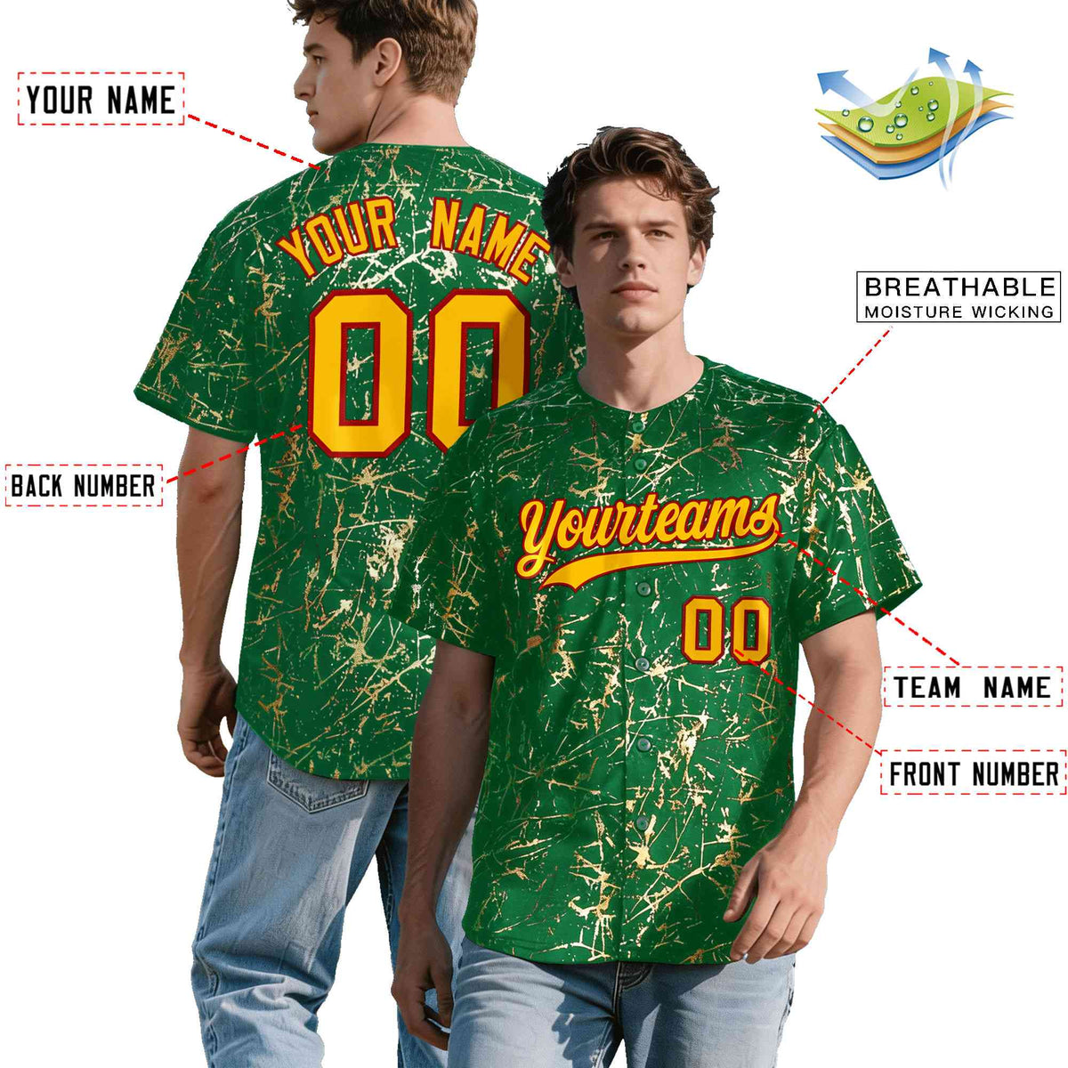 Custom Kelly Green Yellow Black&amp;Gold Marble Print Clubwear Party Streetwear Baseball Jersey