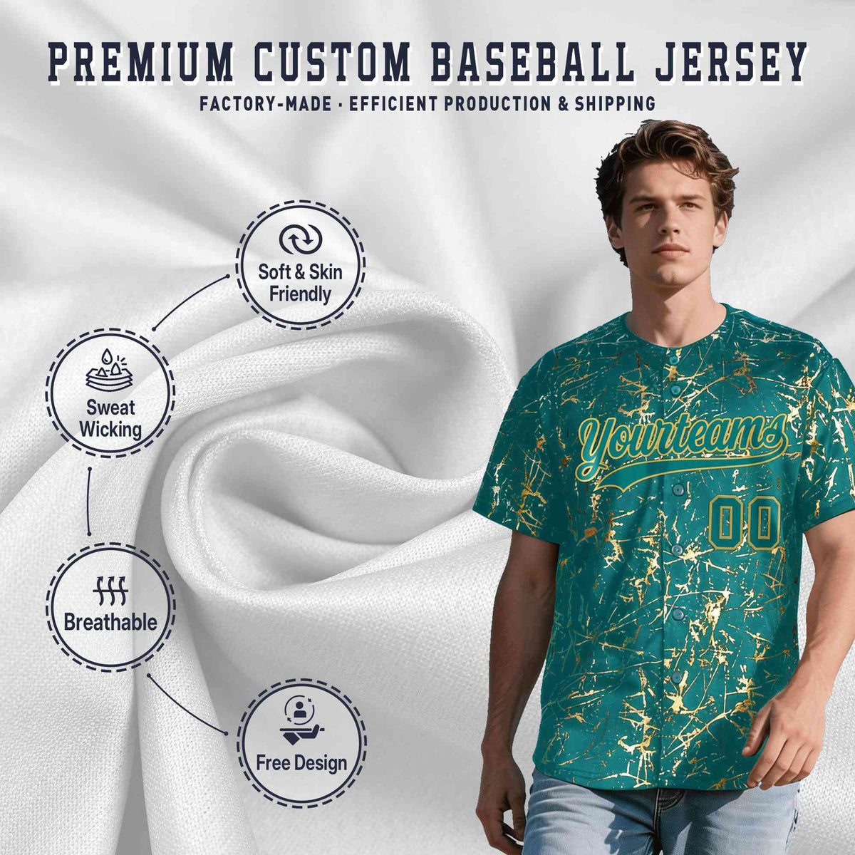 Custom Teal Old Gold Shiny Gold Cracked Texture Baseball Jersey