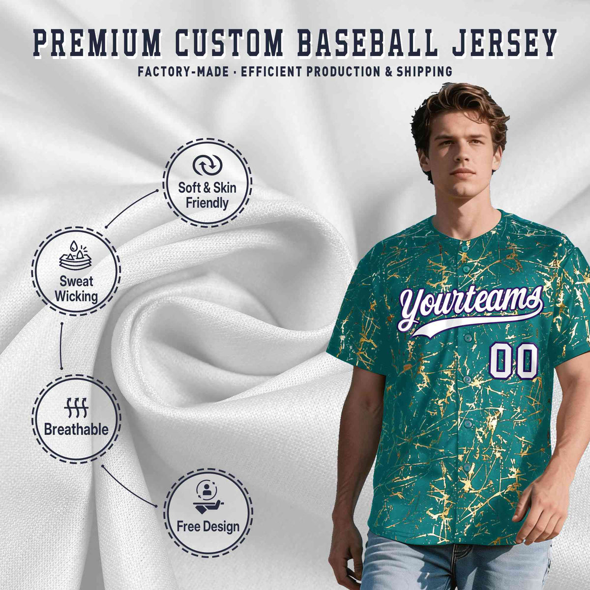 Custom Teal White Black&amp;Shiny Gold Cracked Foil Breathable Mesh Streetwear Baseball Jersey