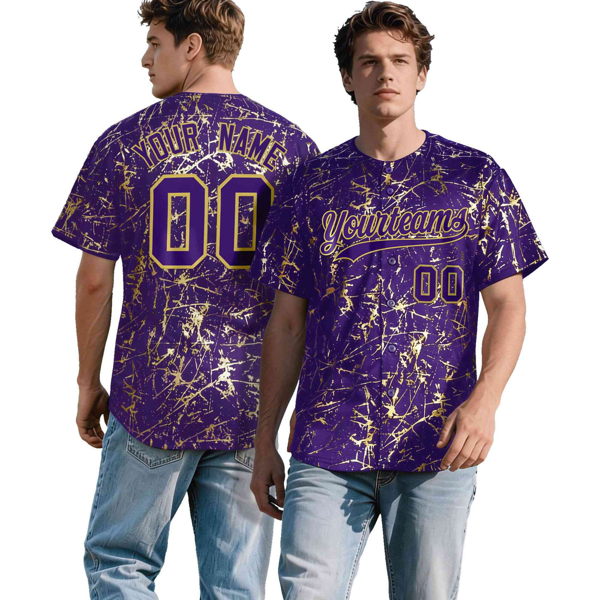 Custom Purple Old Gold Shiny Gold Cracked Texture Baseball Jersey