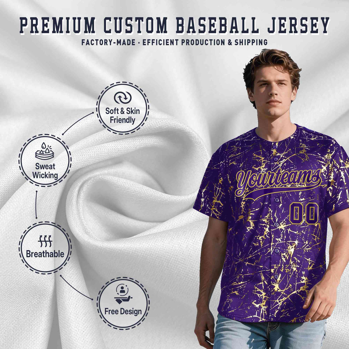 Custom Purple Old Gold Shiny Gold Cracked Texture Baseball Jersey
