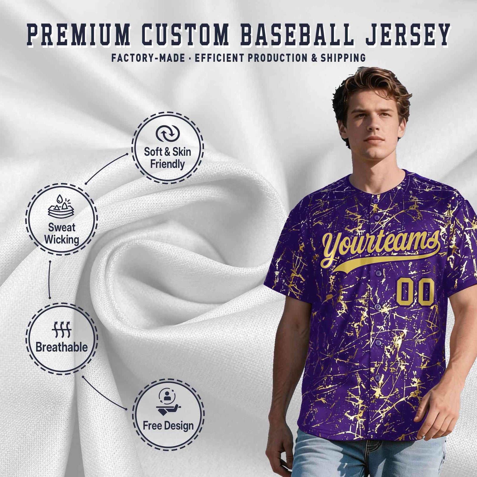 Custom Purple Old Gold Black&Shiny Gold Cracked Foil Hip Hop Button Down Baseball Jersey