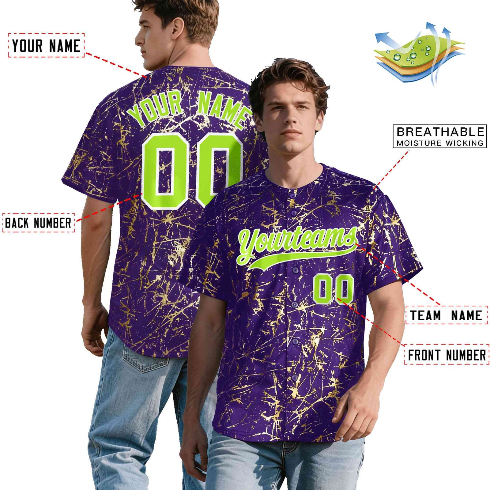 Custom Purple Neon Green Metallic Gold Splatter Urban Streetwear Baseball Jersey
