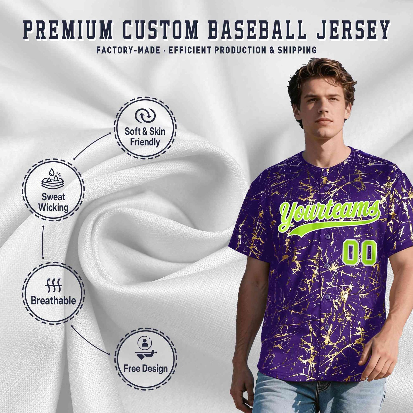 Custom Purple Neon Green Metallic Gold Splatter Urban Streetwear Baseball Jersey