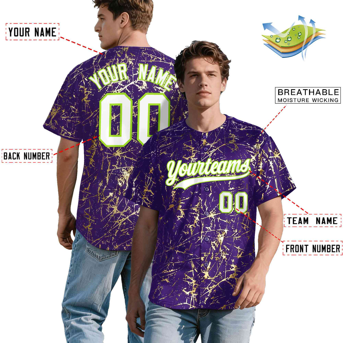 Custom Purple White Black&amp;Shiny Gold Cracked Foil Breathable Mesh Streetwear Baseball Jersey