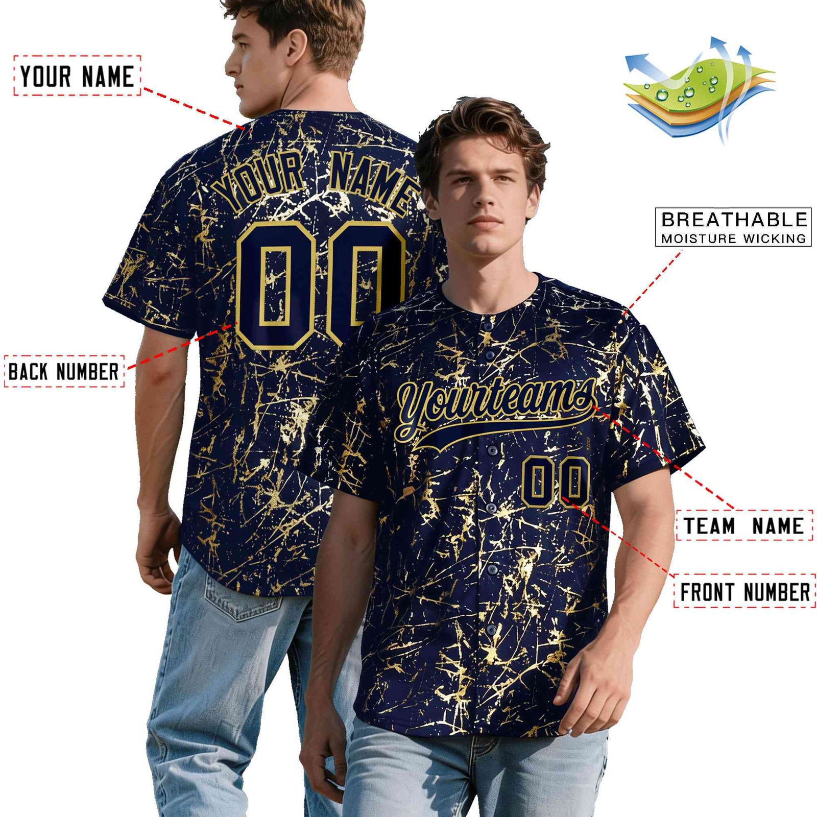 Custom Navy Old Gold Shiny Gold Cracked Texture Baseball Jersey
