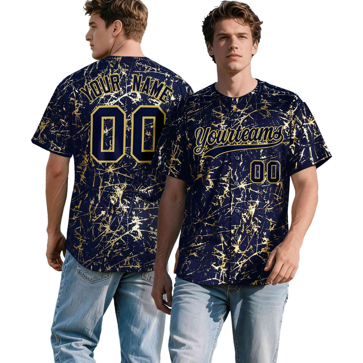 Custom Navy Old Gold Shiny Gold Cracked Texture Baseball Jersey