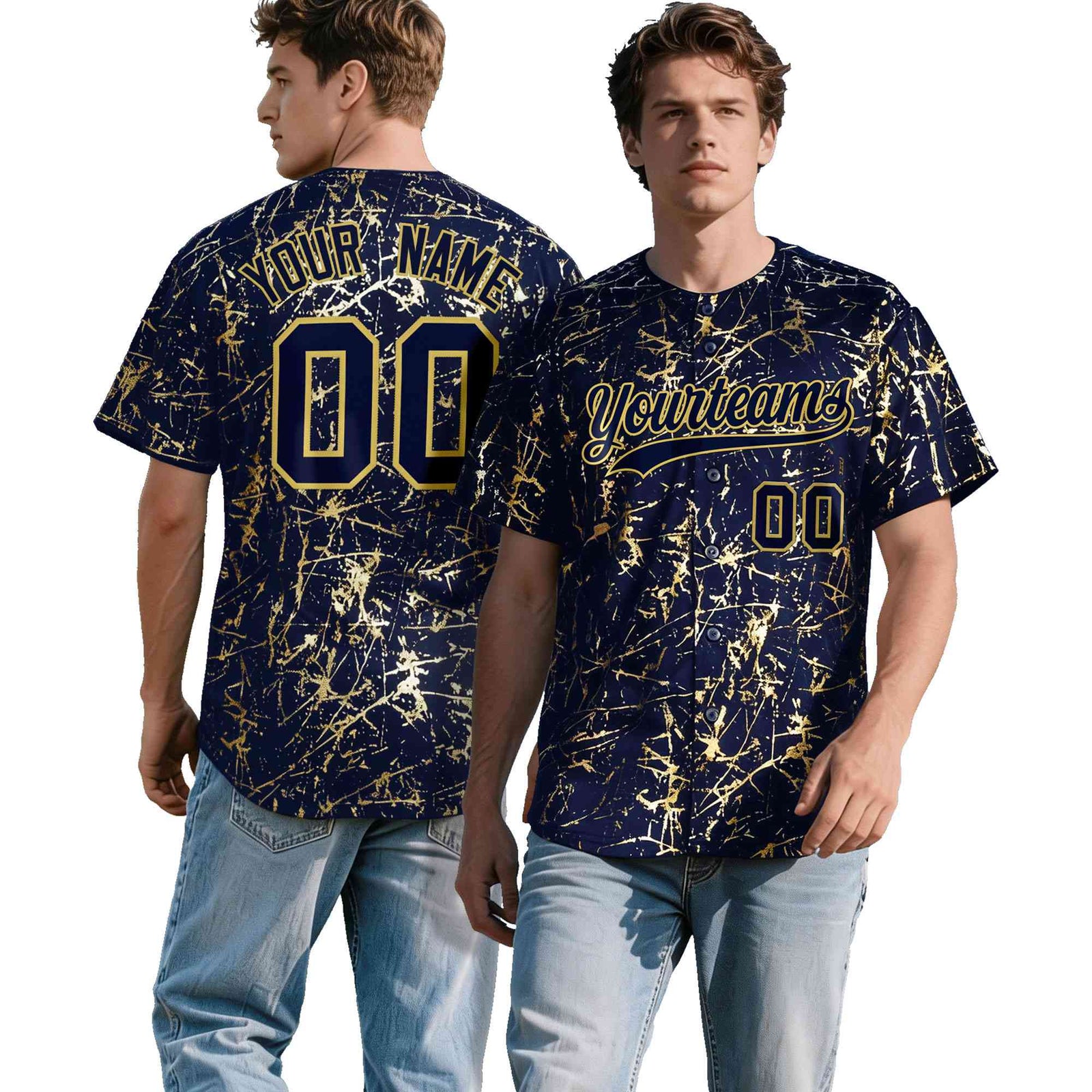 Custom Navy Old Gold Shiny Gold Cracked Texture Baseball Jersey