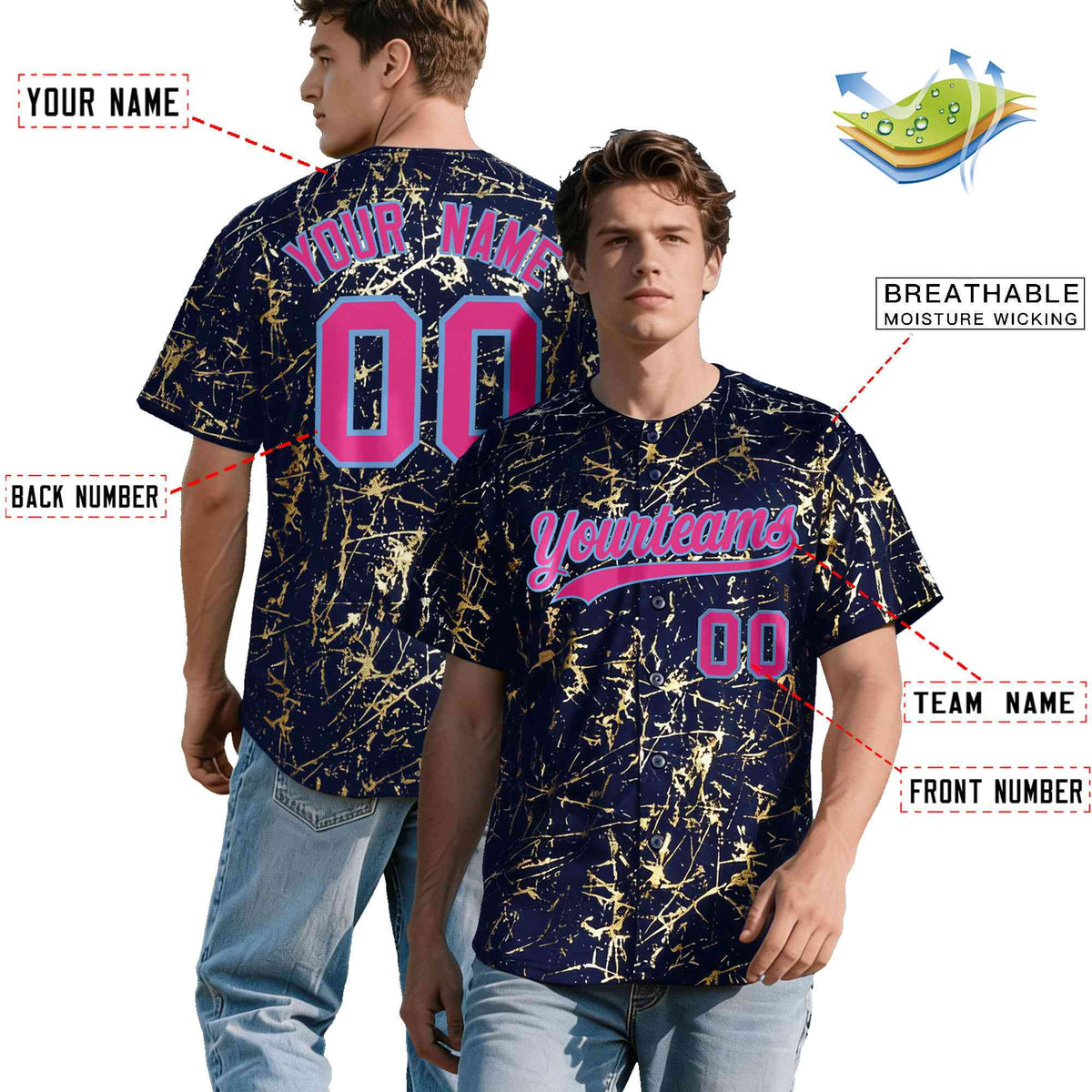 Custom Navy Rose Red Metallic Gold Splatter Breathable&amp;Wrinkle-Resistant Baseball Jersey