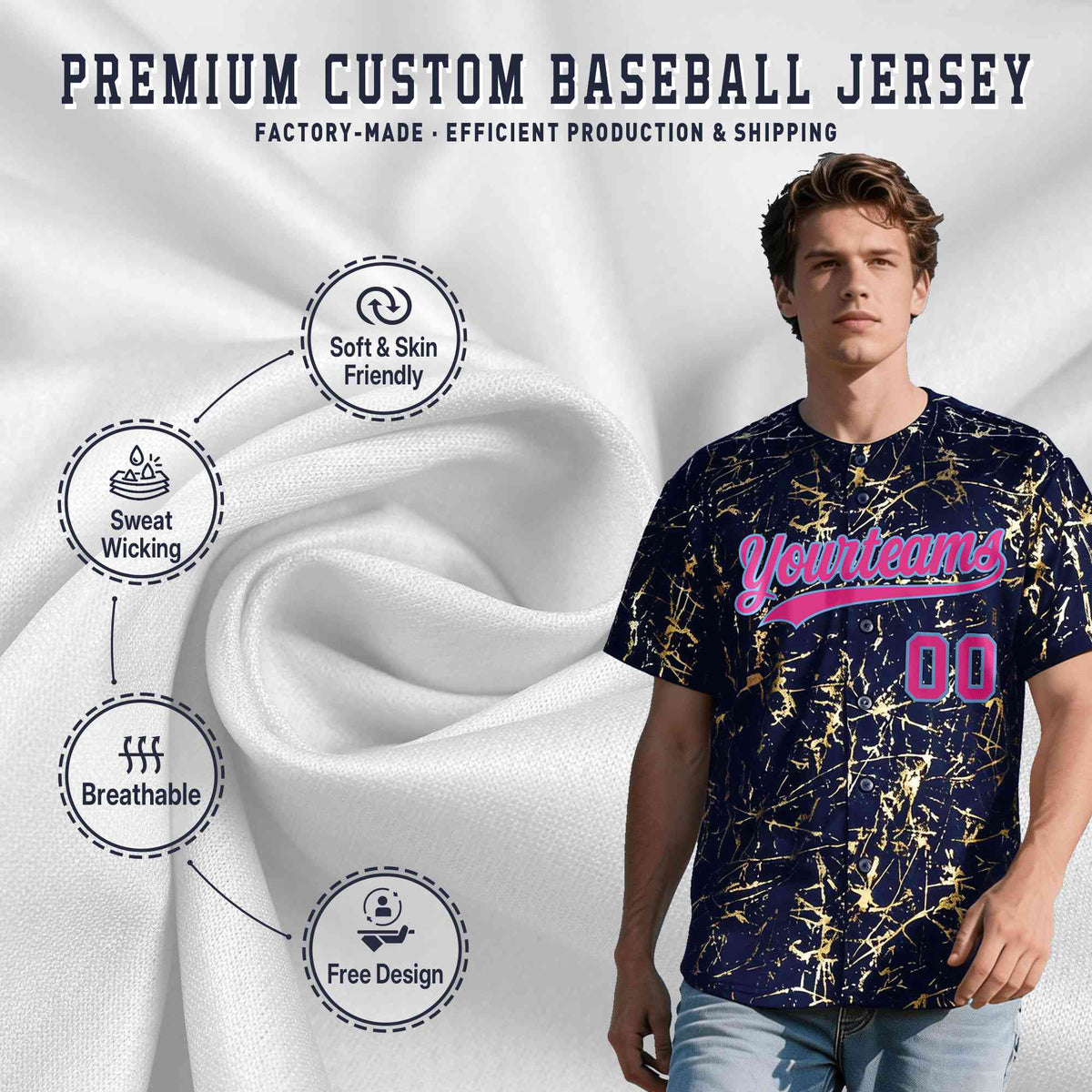 Custom Navy Rose Red Metallic Gold Splatter Breathable&amp;Wrinkle-Resistant Baseball Jersey
