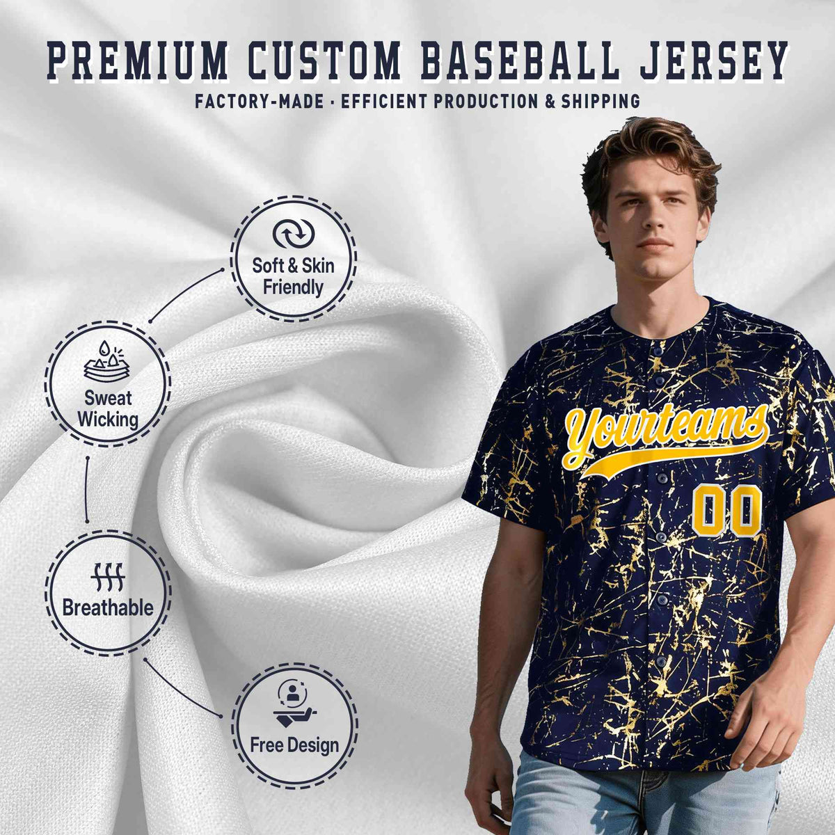 Custom Navy Yellow Metallic Gold Splatter Urban Streetwear Baseball Jersey