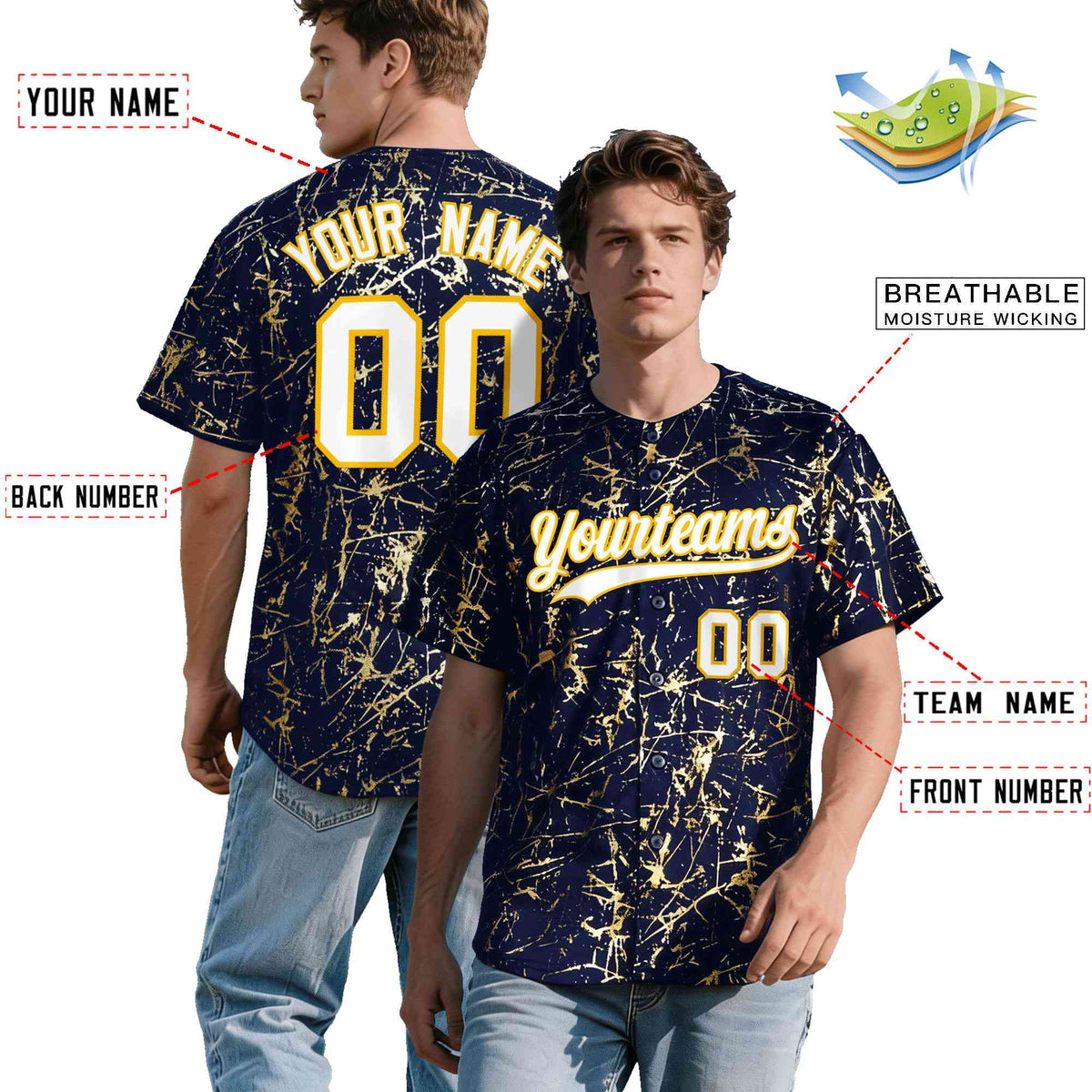 Custom Navy White Black&amp;Shiny Gold Cracked Foil Breathable Mesh Streetwear Baseball Jersey
