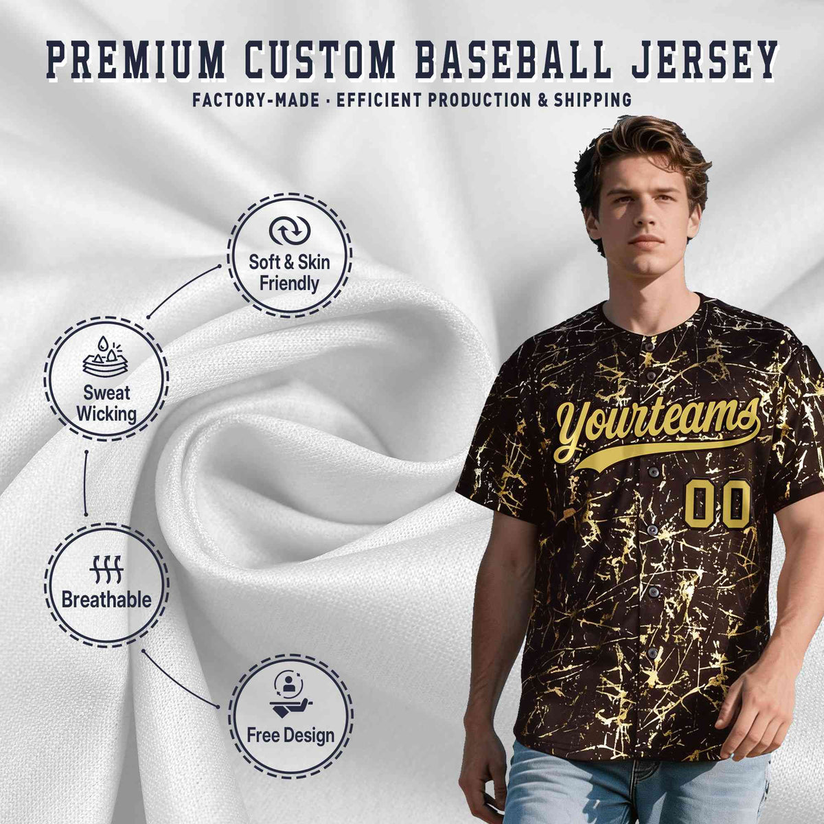 Custom Brown Old Gold Black&amp;Shiny Gold Cracked Foil Hip Hop Button Down Baseball Jersey