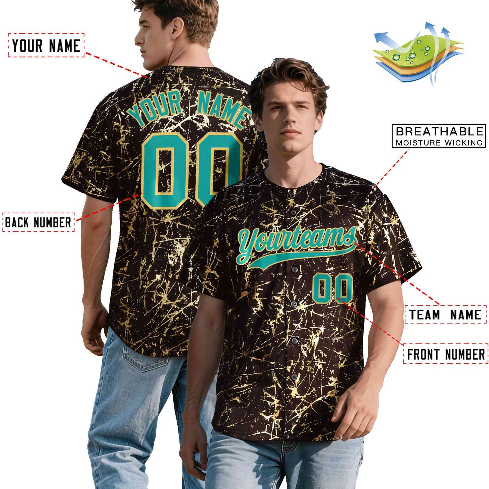 Custom Brown Aqua Metallic Gold Splatter Breathable&Wrinkle-Resistant Baseball Jersey