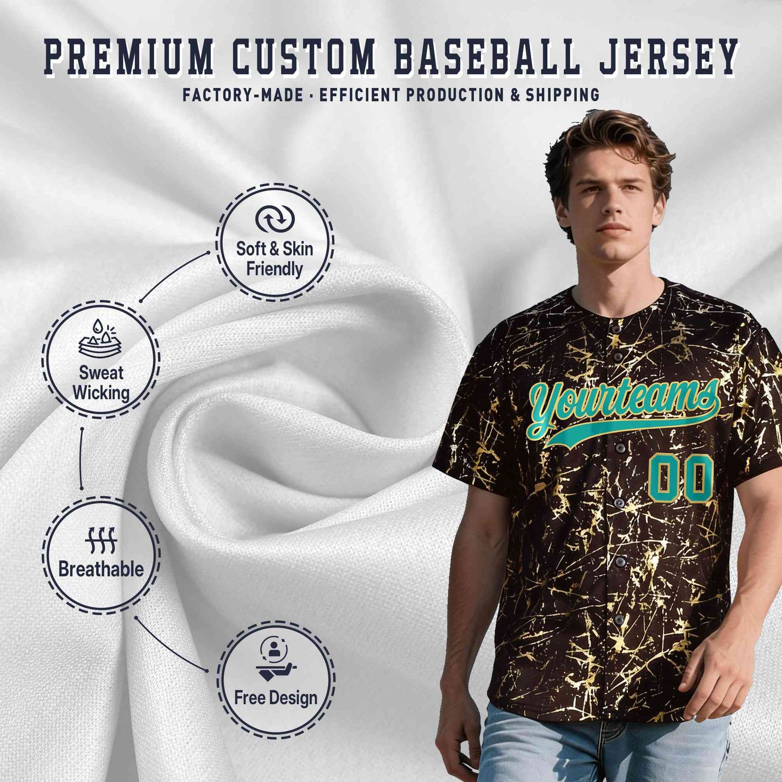 Custom Brown Aqua Metallic Gold Splatter Breathable&Wrinkle-Resistant Baseball Jersey