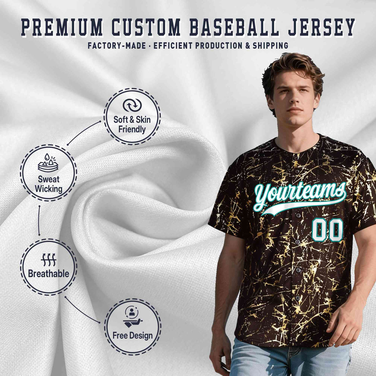Custom Brown White Black&amp;Shiny Gold Cracked Foil Breathable Mesh Streetwear Baseball Jersey