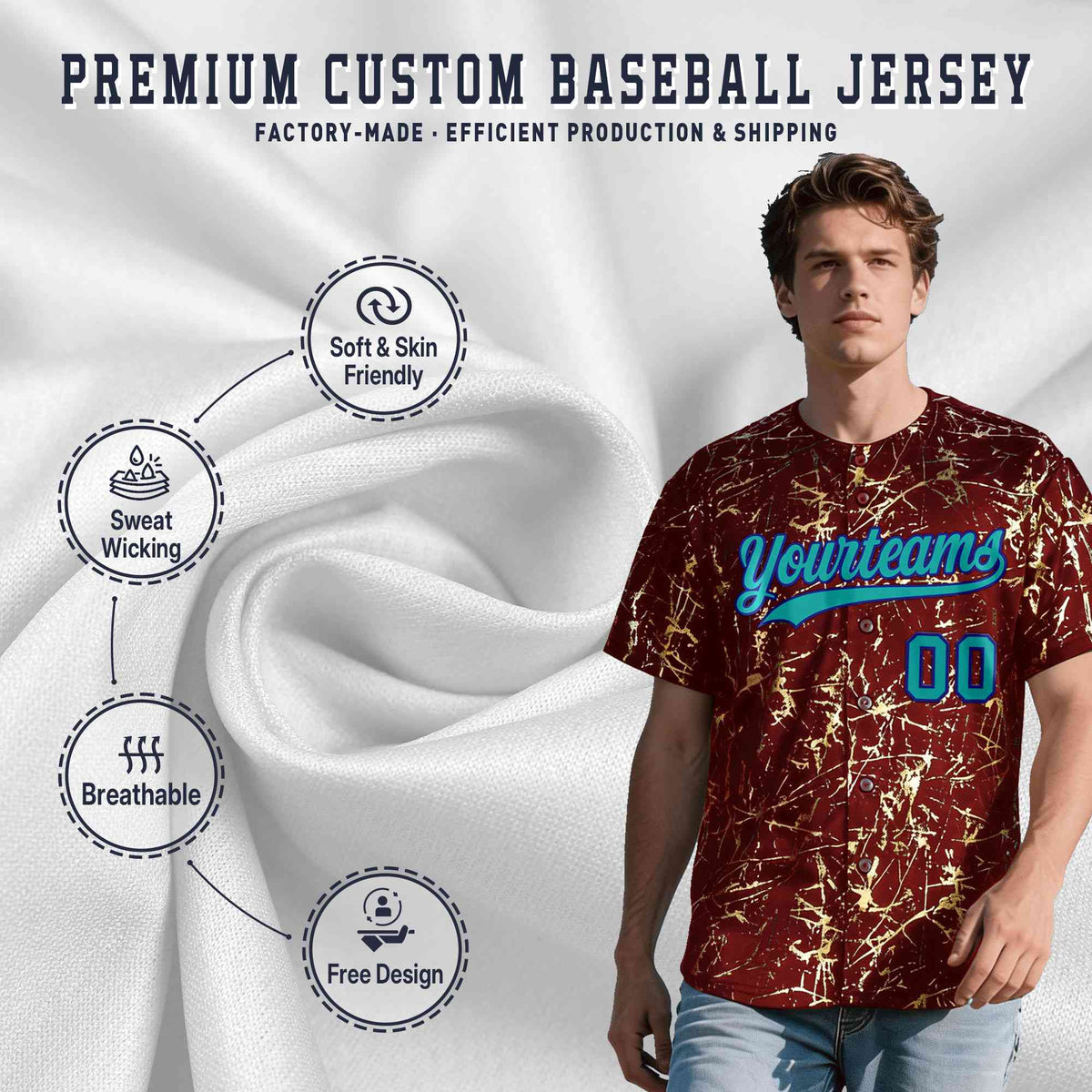 Custom Crimson Aqua Black&amp;Gold Marble Print Clubwear Party Streetwear Baseball Jersey