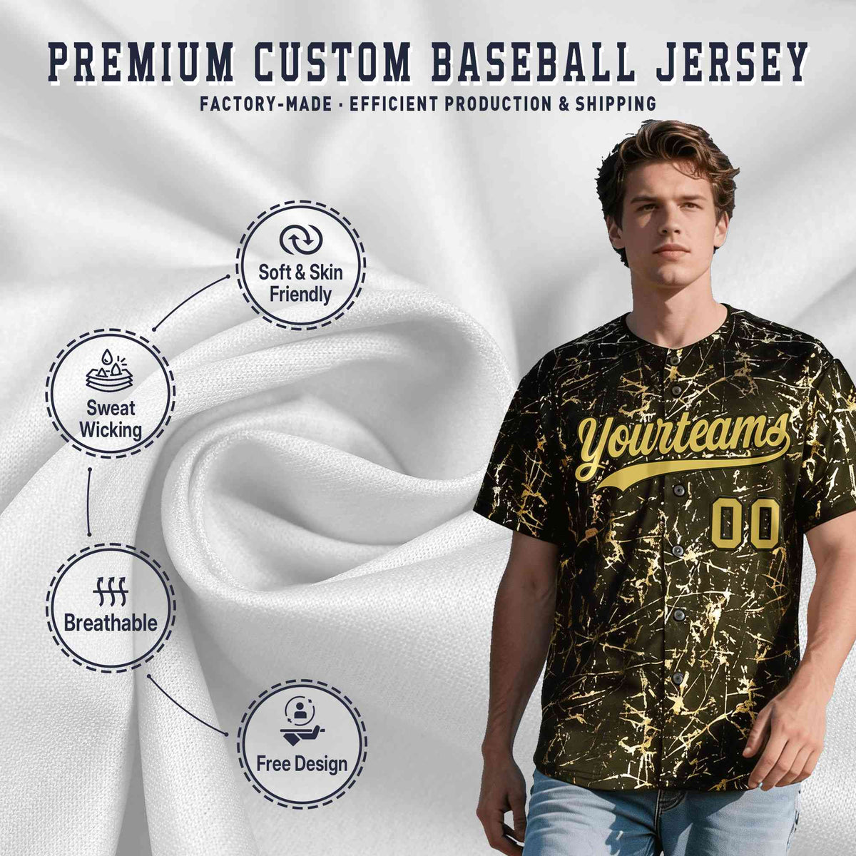 Custom Olive Old Gold Black&amp;Shiny Gold Cracked Foil Hip Hop Button Down Baseball Jersey