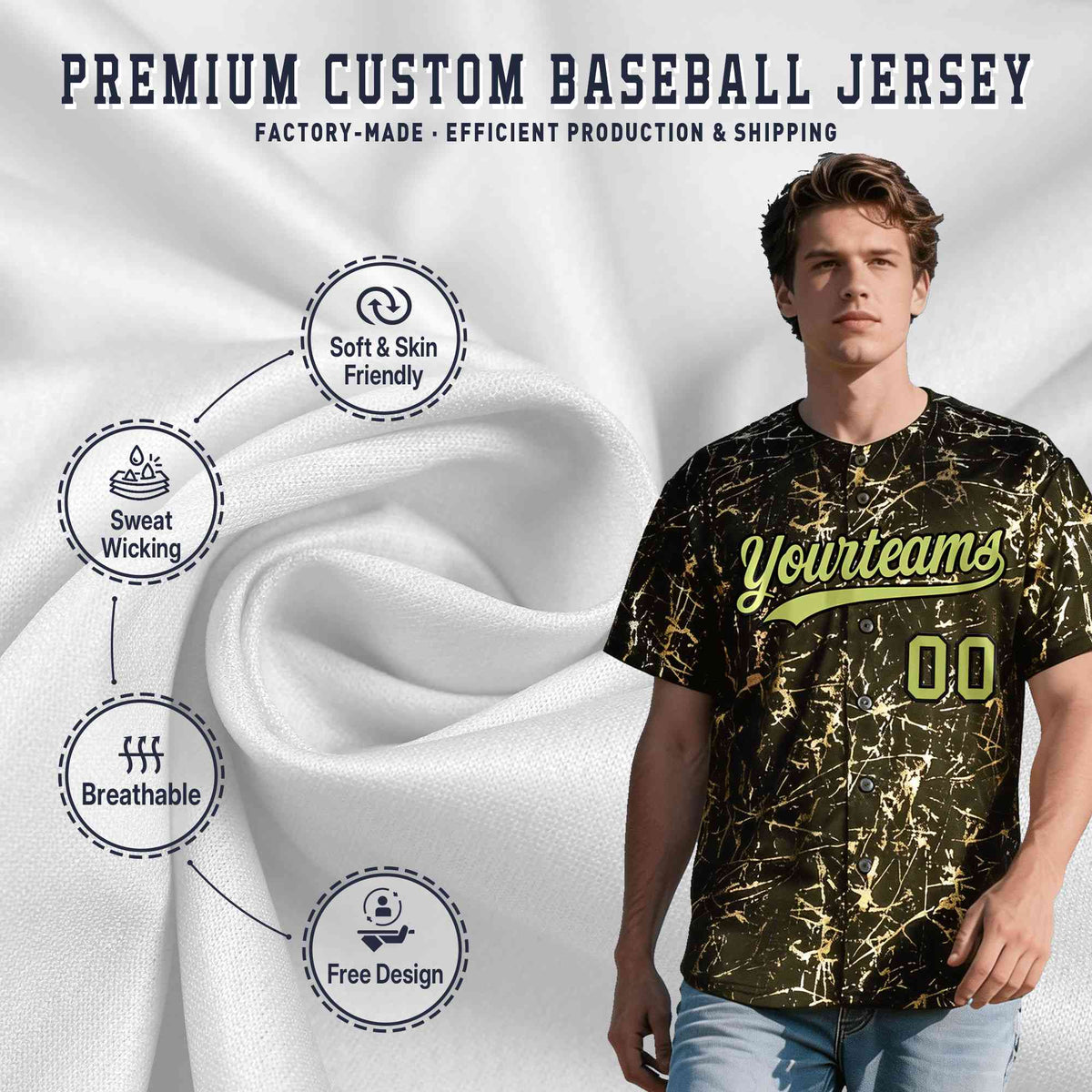 Custom Olive Champagne Black&amp;Gold Marble Print Clubwear Party Streetwear Baseball Jersey