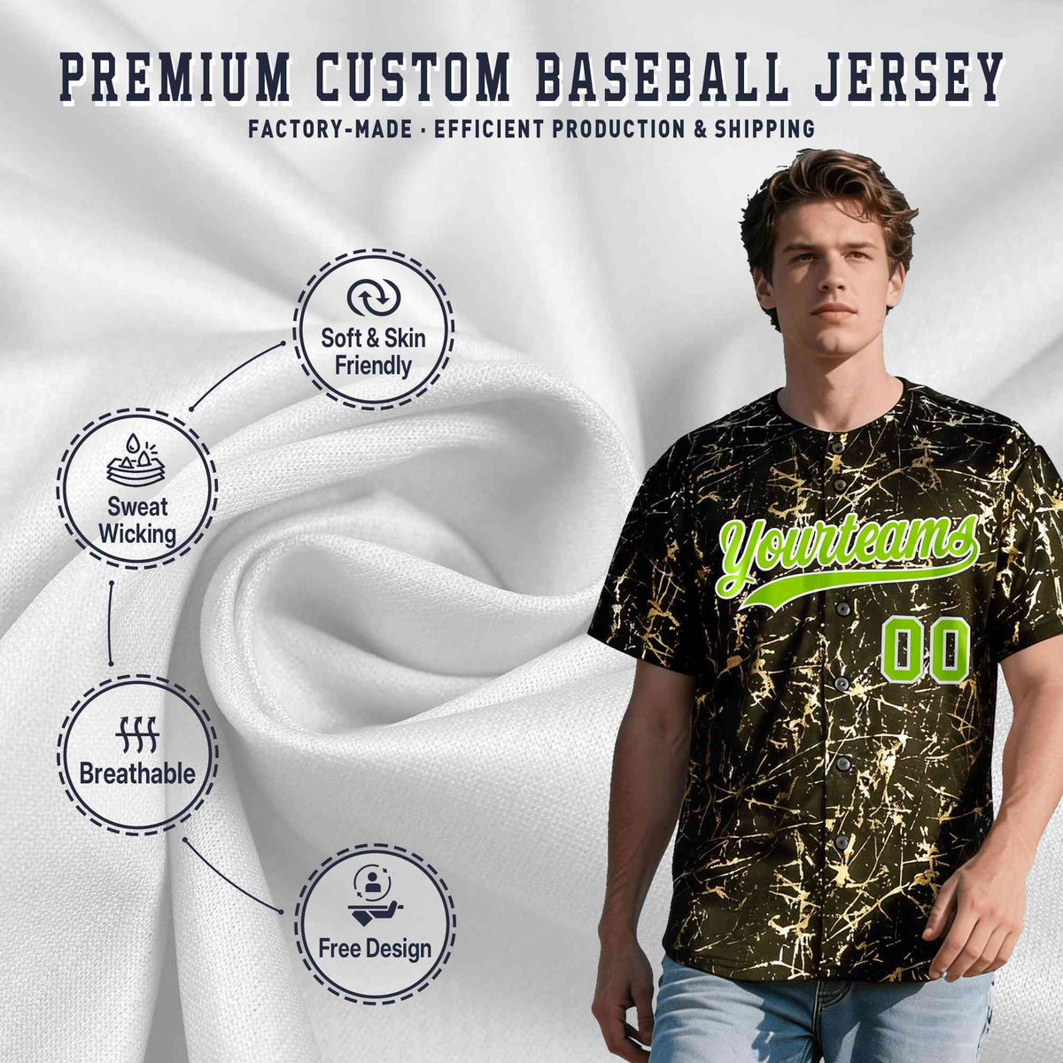 Custom Olive Neon Green Metallic Gold Splatter Urban Streetwear Baseball Jersey