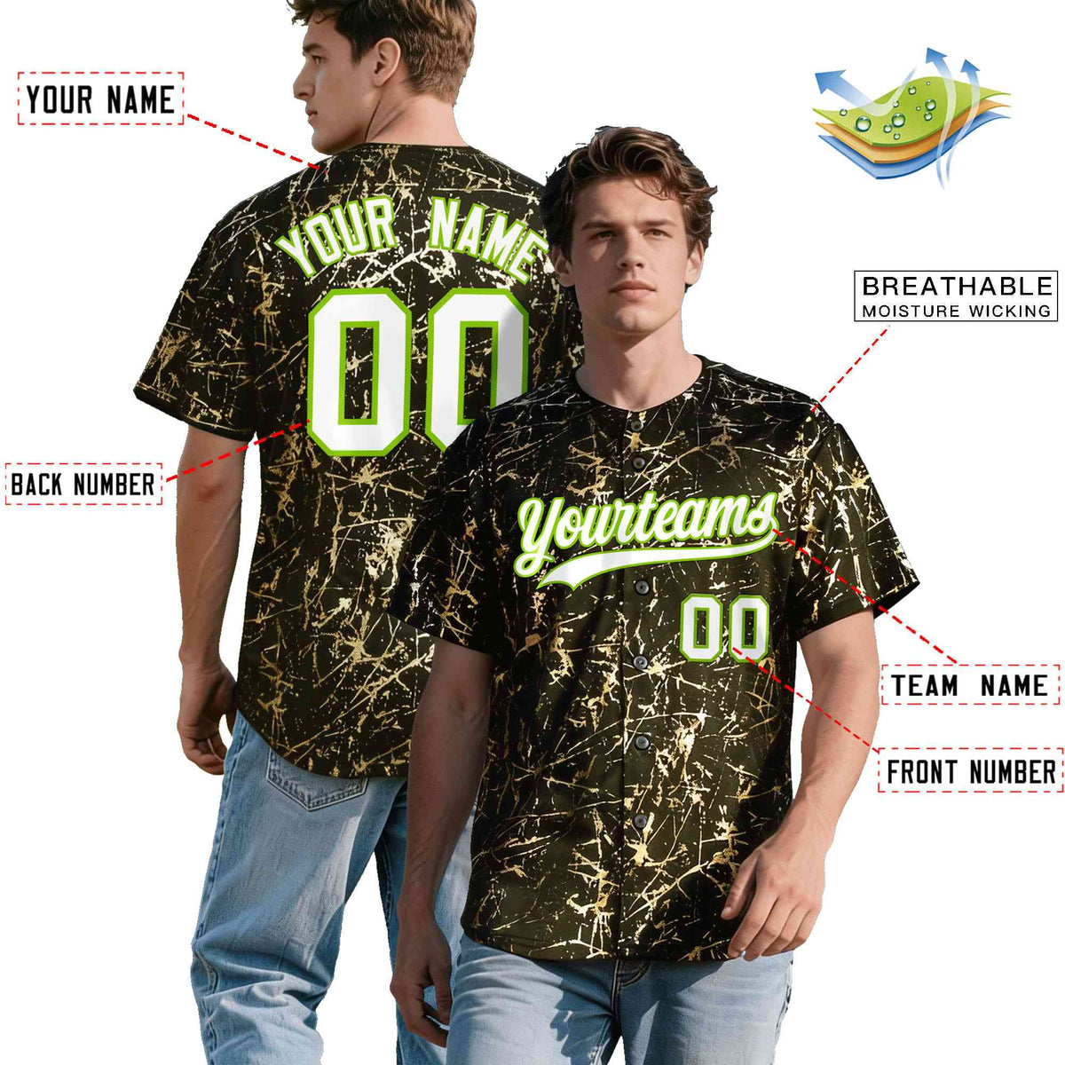 Custom Olive White Black&amp;Shiny Gold Cracked Foil Breathable Mesh Streetwear Baseball Jersey