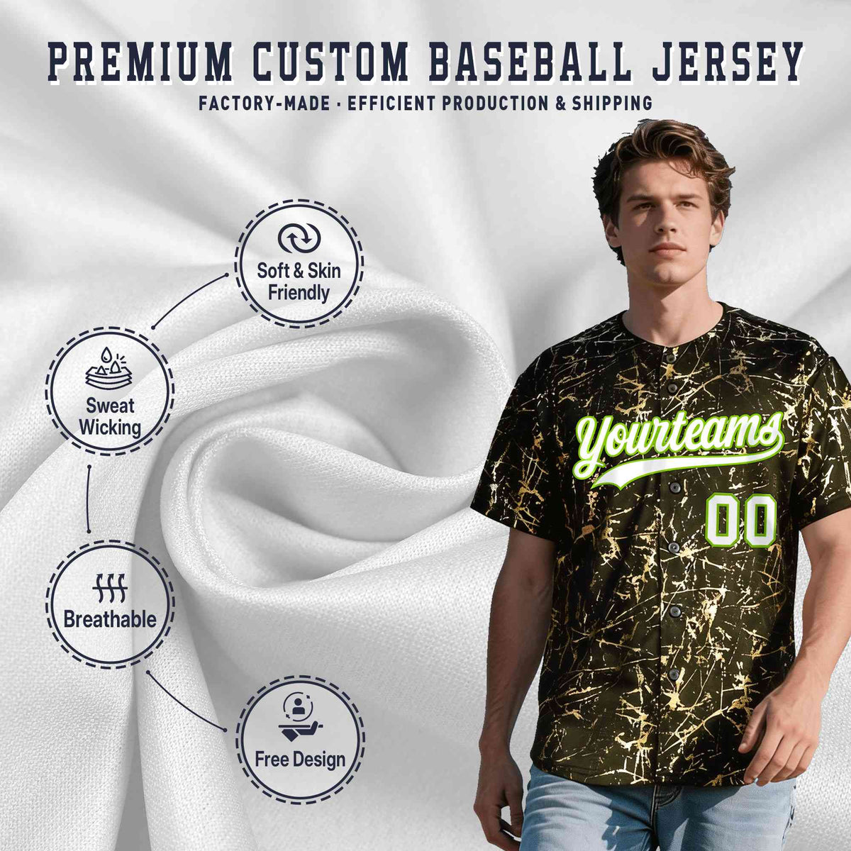 Custom Olive White Black&amp;Shiny Gold Cracked Foil Breathable Mesh Streetwear Baseball Jersey