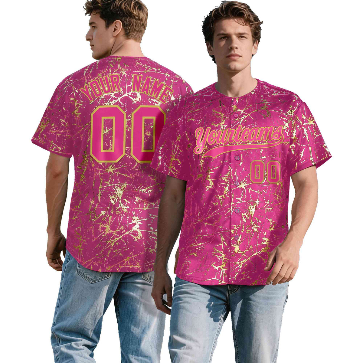 Custom Pink Old Gold Shiny Gold Cracked Texture Baseball Jersey