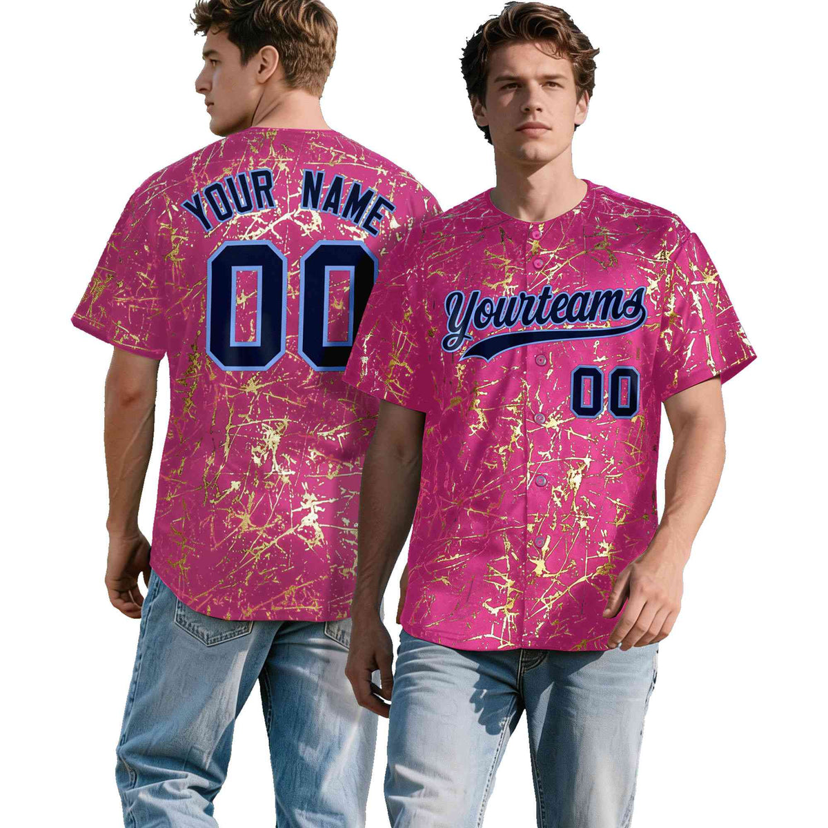 Custom Pink Navy Metallic Gold Splatter Breathable&amp;Wrinkle-Resistant Baseball Jersey
