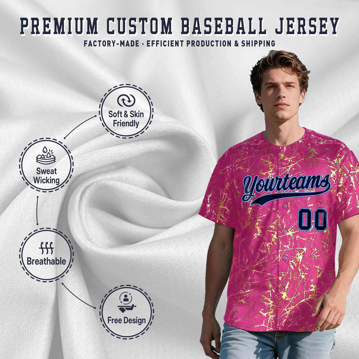Custom Pink Navy Metallic Gold Splatter Breathable&amp;Wrinkle-Resistant Baseball Jersey