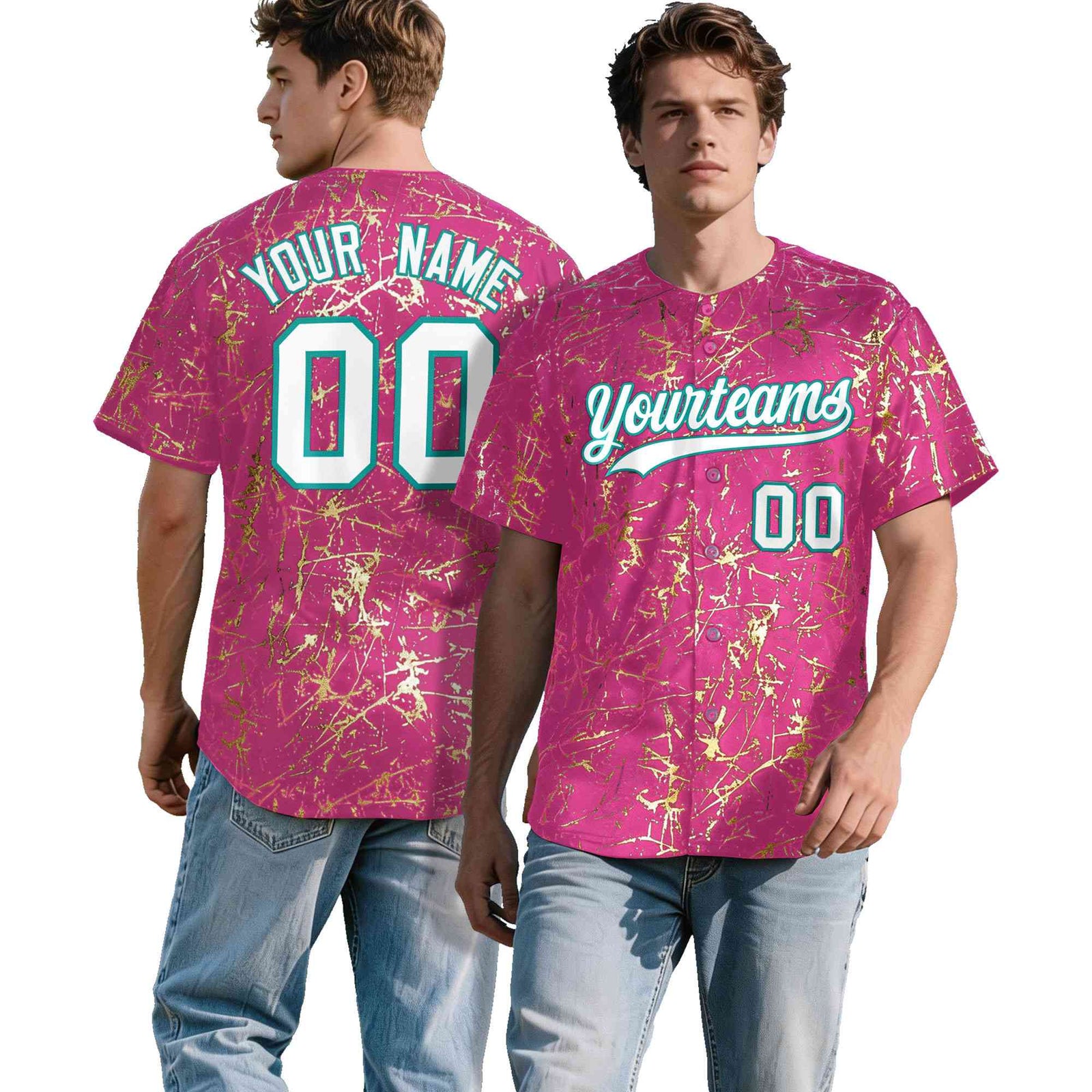 Custom Pink White Black&Shiny Gold Cracked Foil Breathable Mesh Streetwear Baseball Jersey