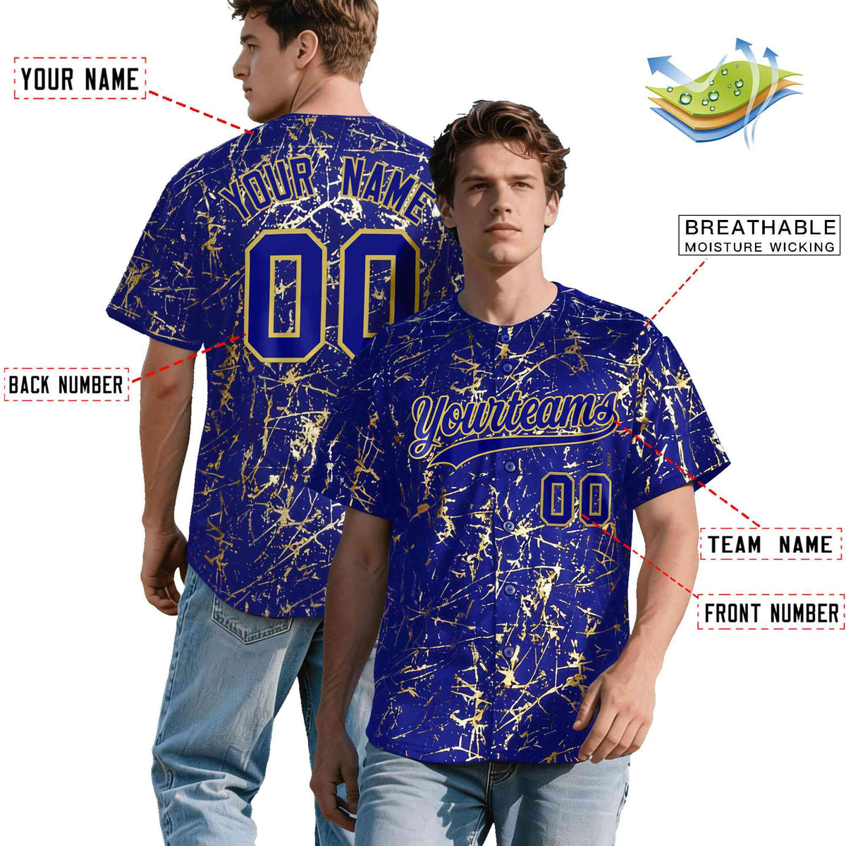 Custom Royal Old Gold Shiny Gold Cracked Texture Baseball Jersey