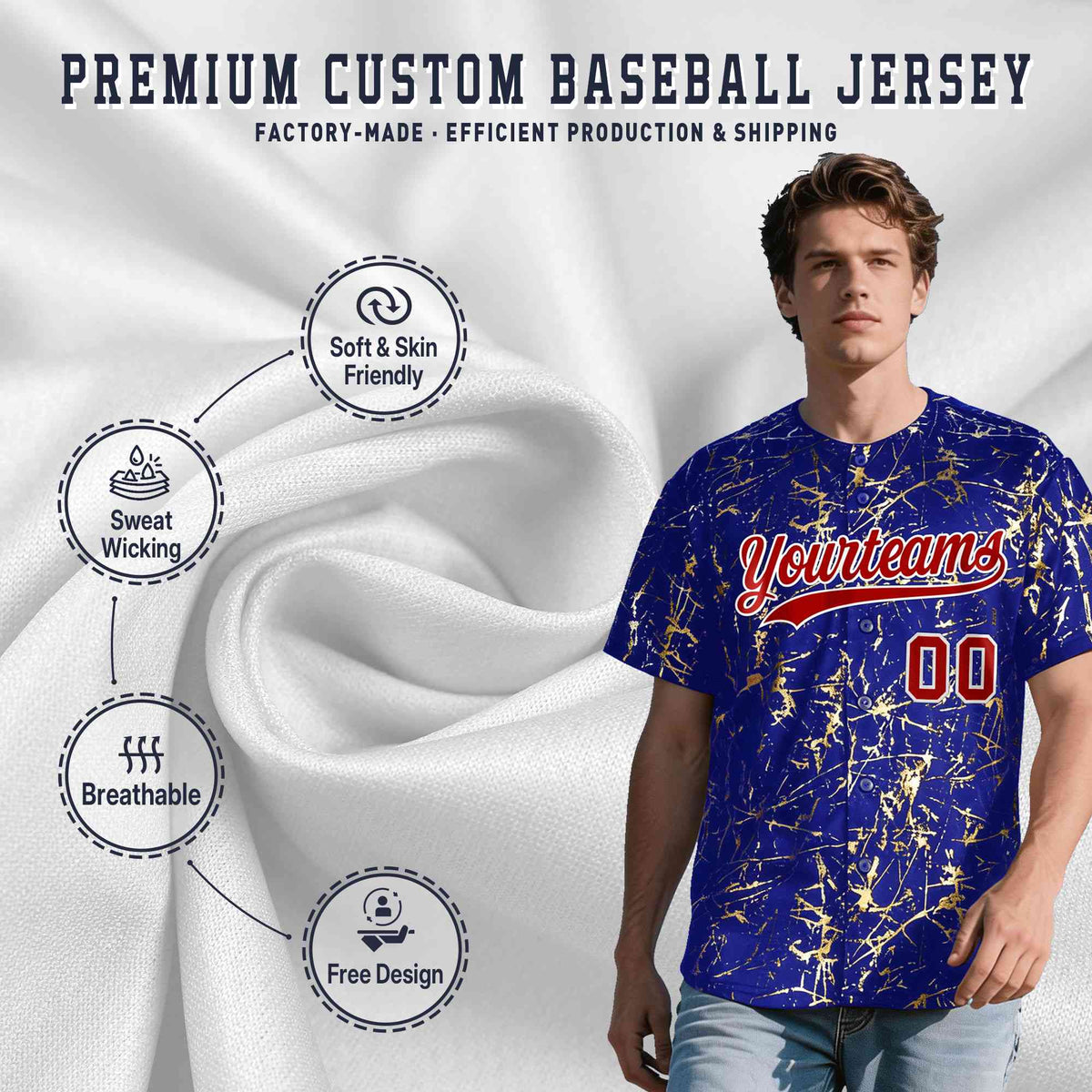 Custom Royal Red Metallic Gold Splatter Breathable&amp;Wrinkle-Resistant Baseball Jersey