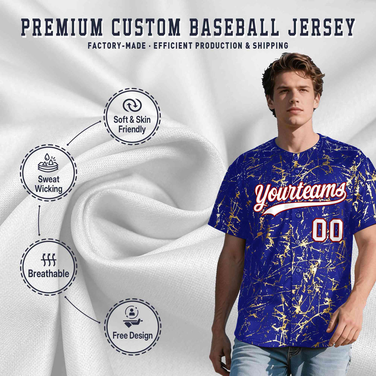 Custom Royal White Black&amp;Gold Marble Print Clubwear Party Streetwear Baseball Jersey