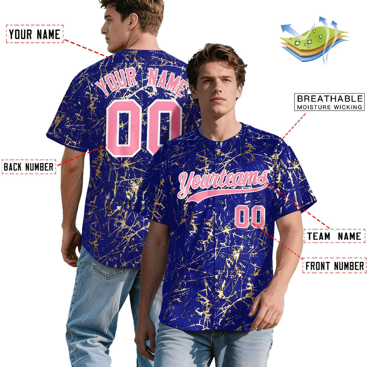 Custom Royal Light Pink Metallic Gold Splatter Urban Streetwear Baseball Jersey