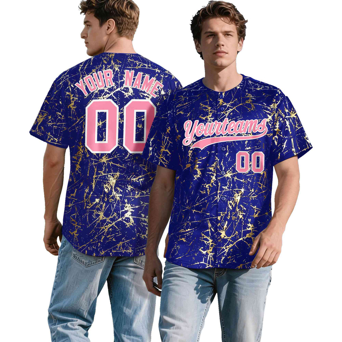 Custom Royal Light Pink Metallic Gold Splatter Urban Streetwear Baseball Jersey