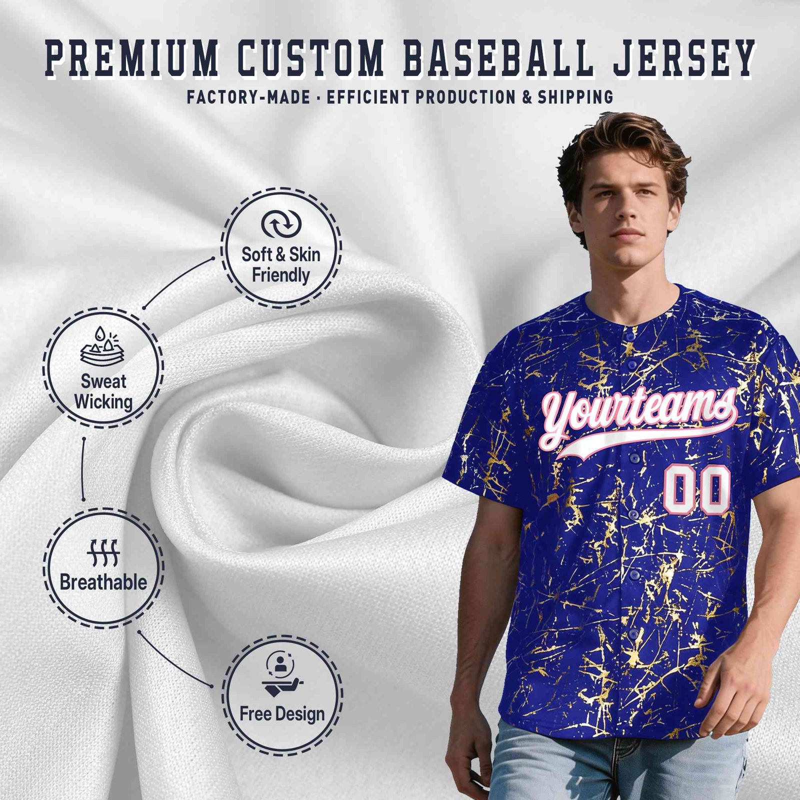 Custom Royal White Black&Shiny Gold Cracked Foil Breathable Mesh Streetwear Baseball Jersey