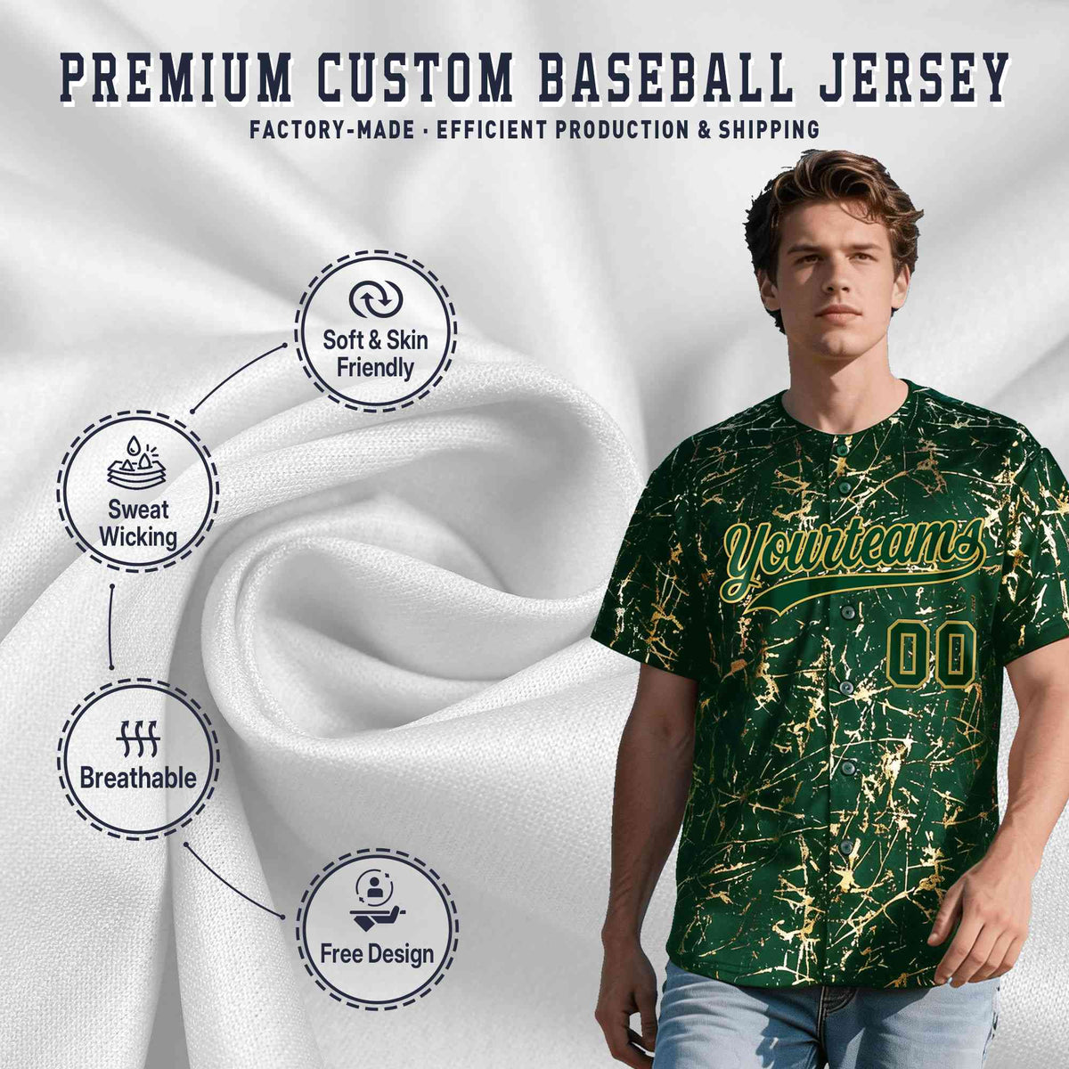 Custom Green Old Gold Shiny Gold Cracked Texture Baseball Jersey