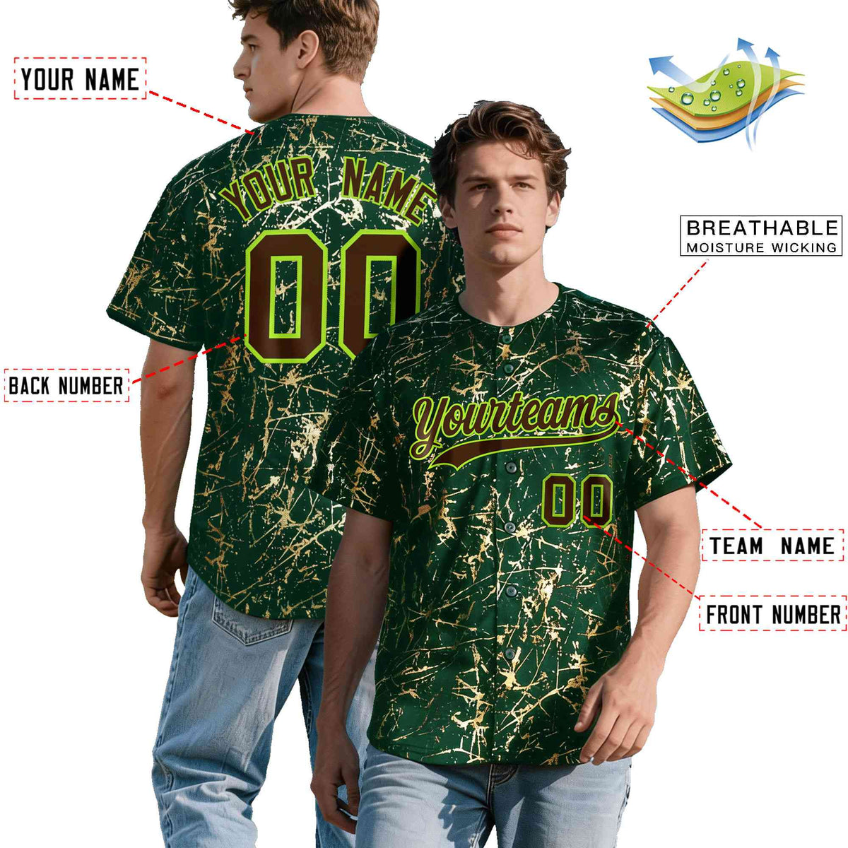 Custom Green Brown Metallic Gold Splatter Breathable&amp;Wrinkle-Resistant Baseball Jersey